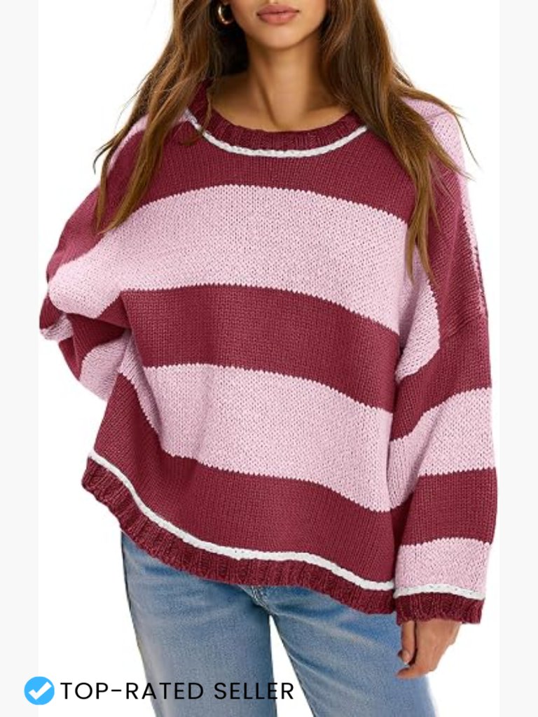 Oversized Color Block Striped Pullover Sweater Classic Crewneck Knit Loose Fall